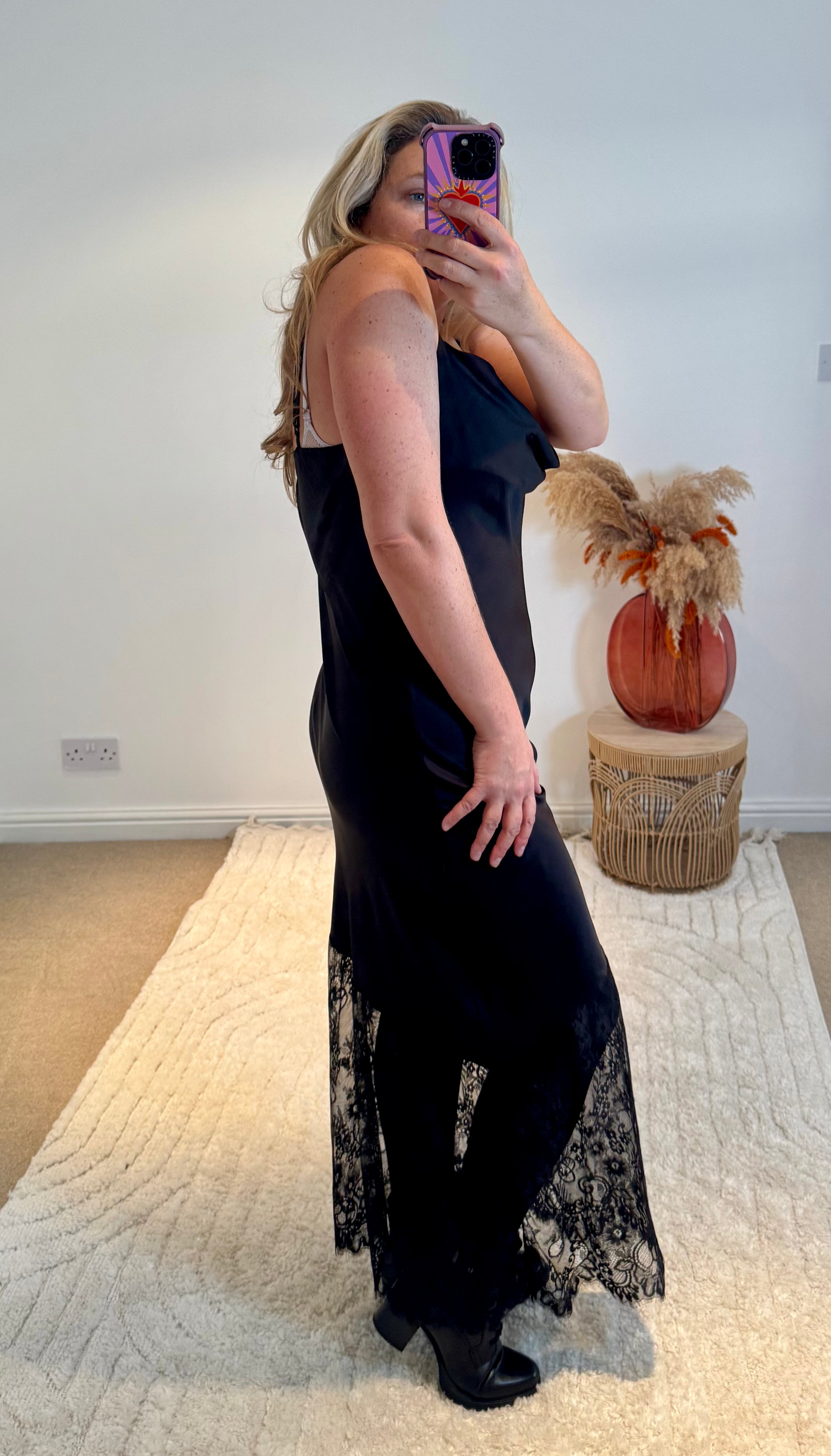 Satin and Lace Slip Maxi Dress | Black