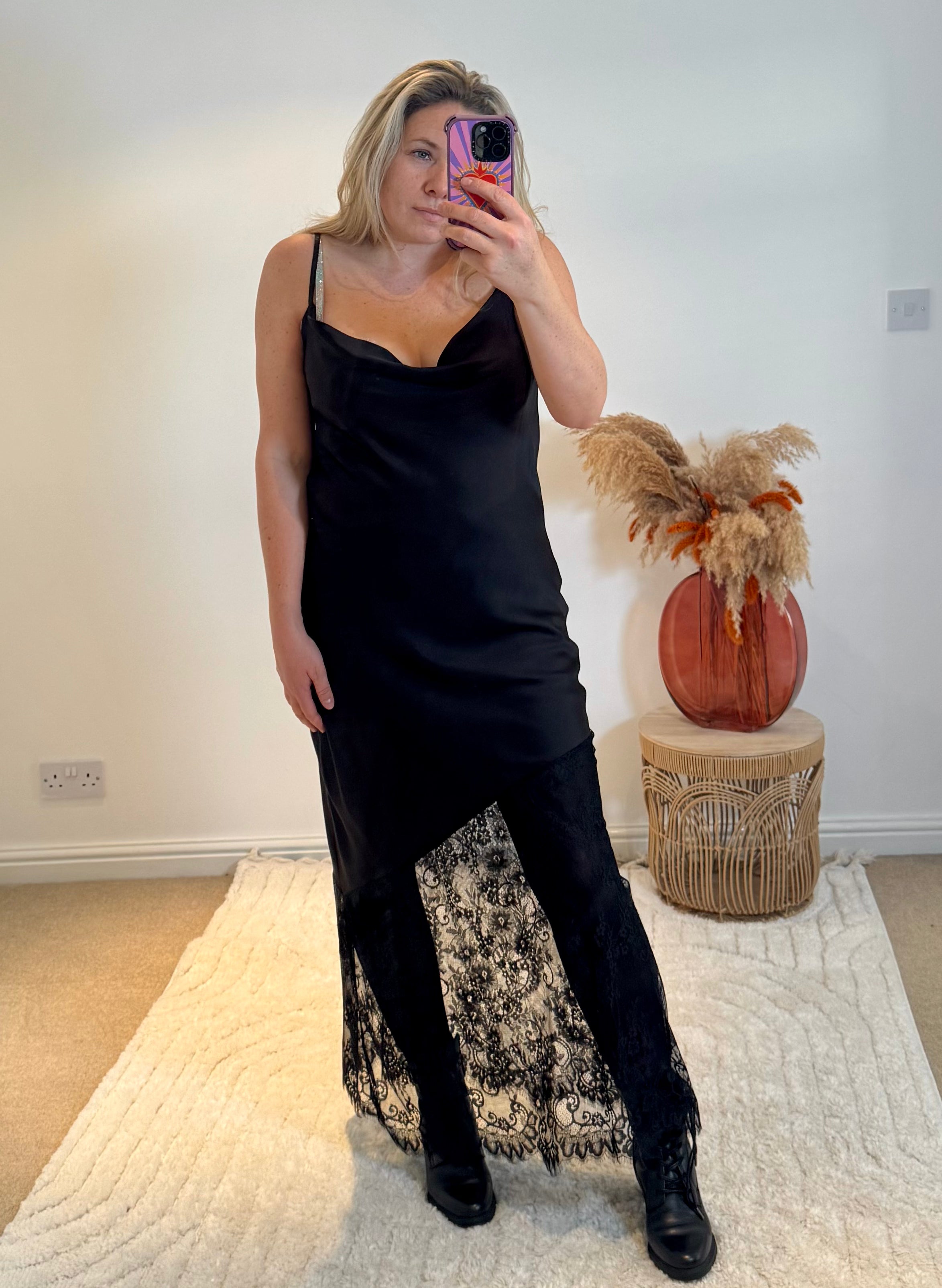 Satin and Lace Slip Maxi Dress | Black