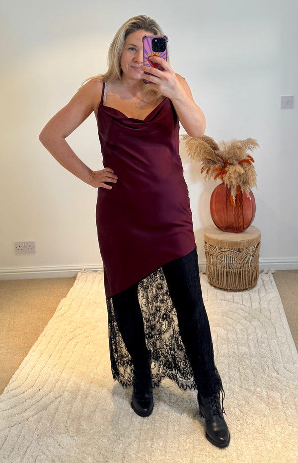 Satin and Lace Slip Maxi Dress | Deep Wine/Black