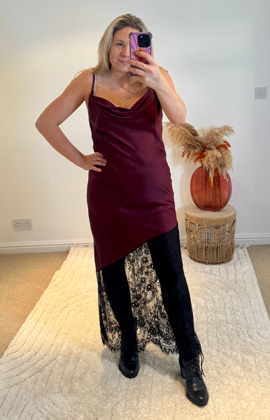 Satin and Lace Slip Maxi Dress | Deep Wine/Black