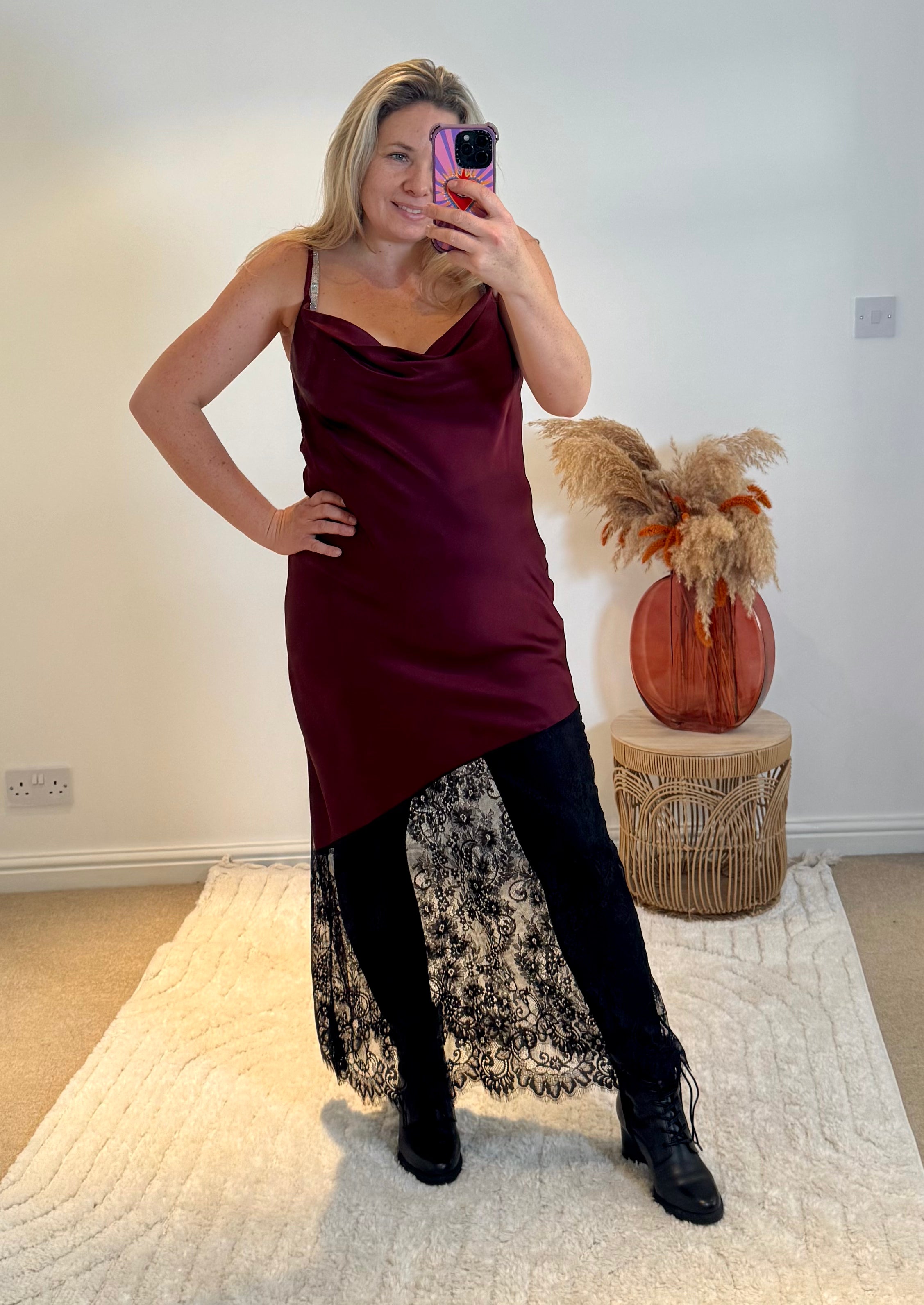 Satin and Lace Slip Maxi Dress | Deep Wine/Black