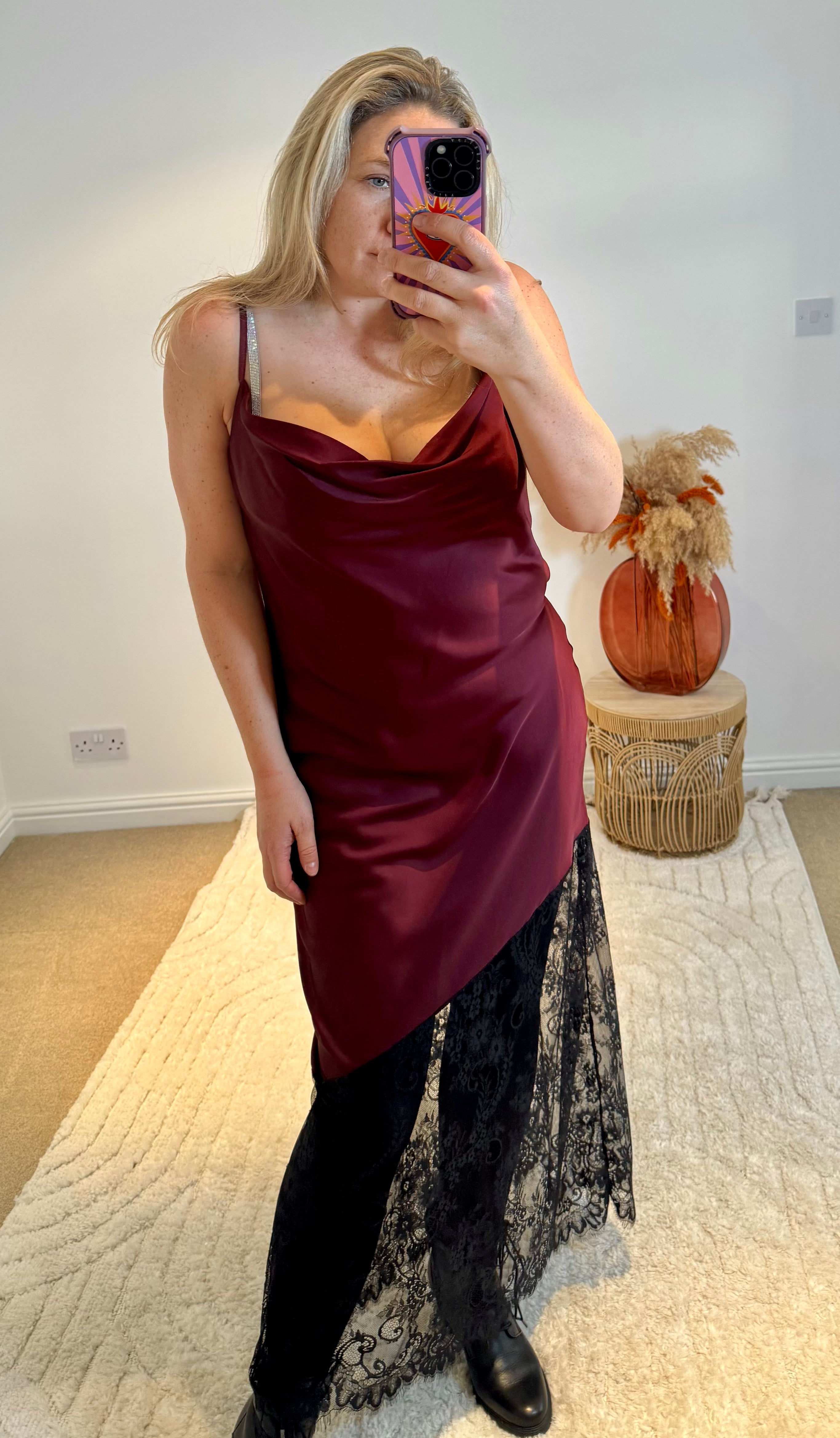 Satin and Lace Slip Maxi Dress | Deep Wine/Black