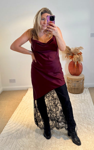 Satin and Lace Slip Maxi Dress | Deep Wine/Black