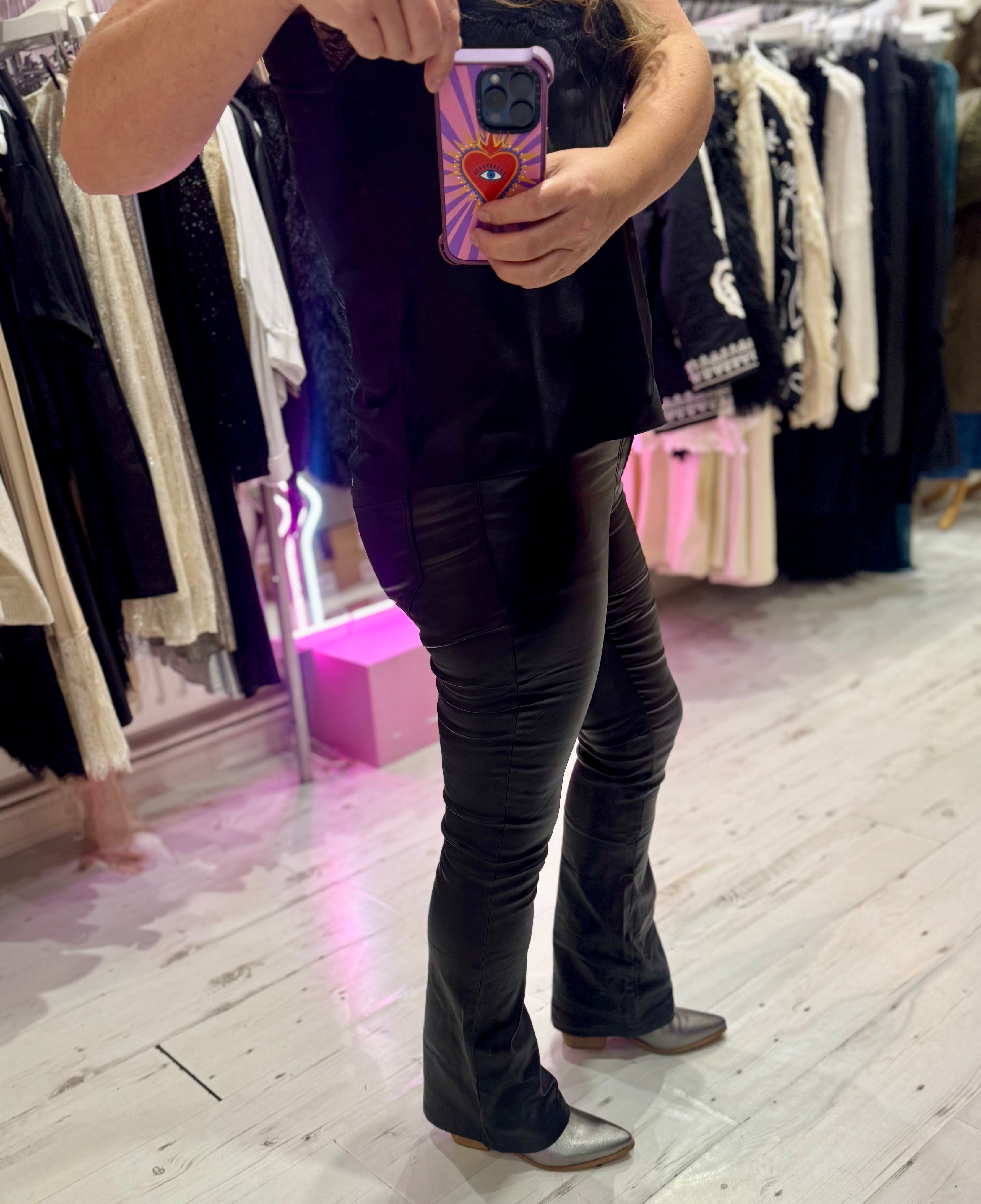 Coated Wet Look Flared Jeans | Black