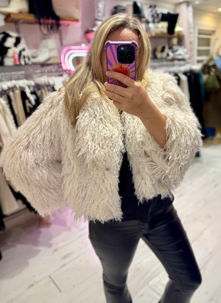 Mongolian Style Faux Fur Cropped Coat | Ivory