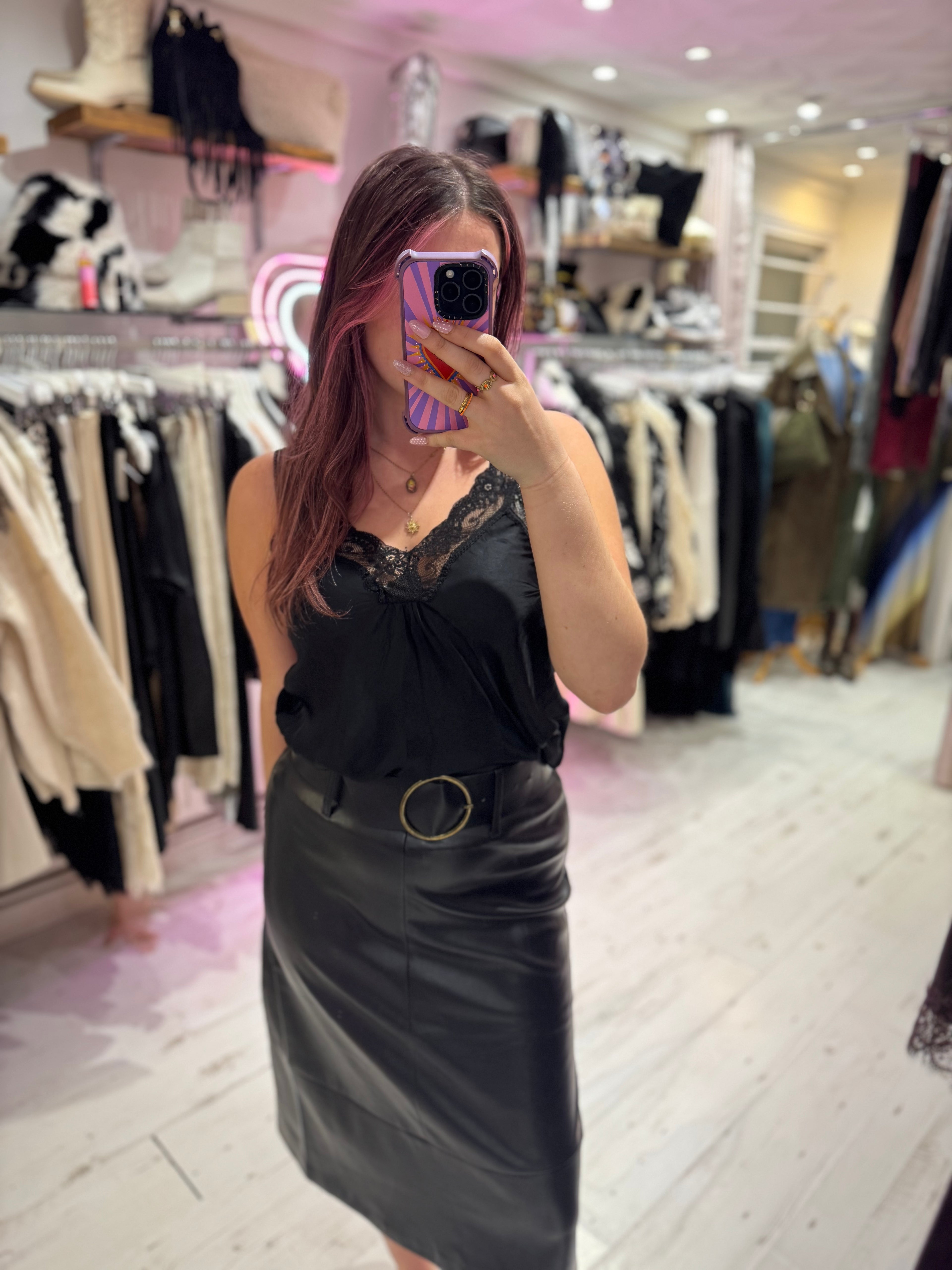 Faux Leather A-line Panel Skirt with Belt | Black