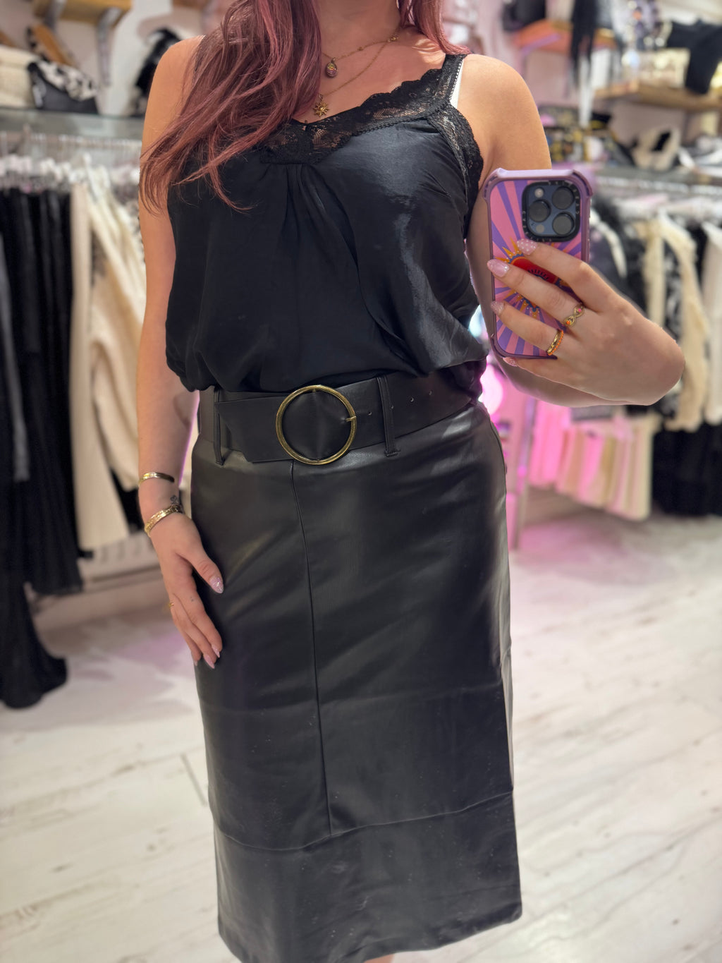 Faux Leather A-line Panel Skirt with Belt | Black