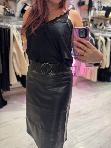 Faux Leather A-line Panel Skirt with Belt | Black