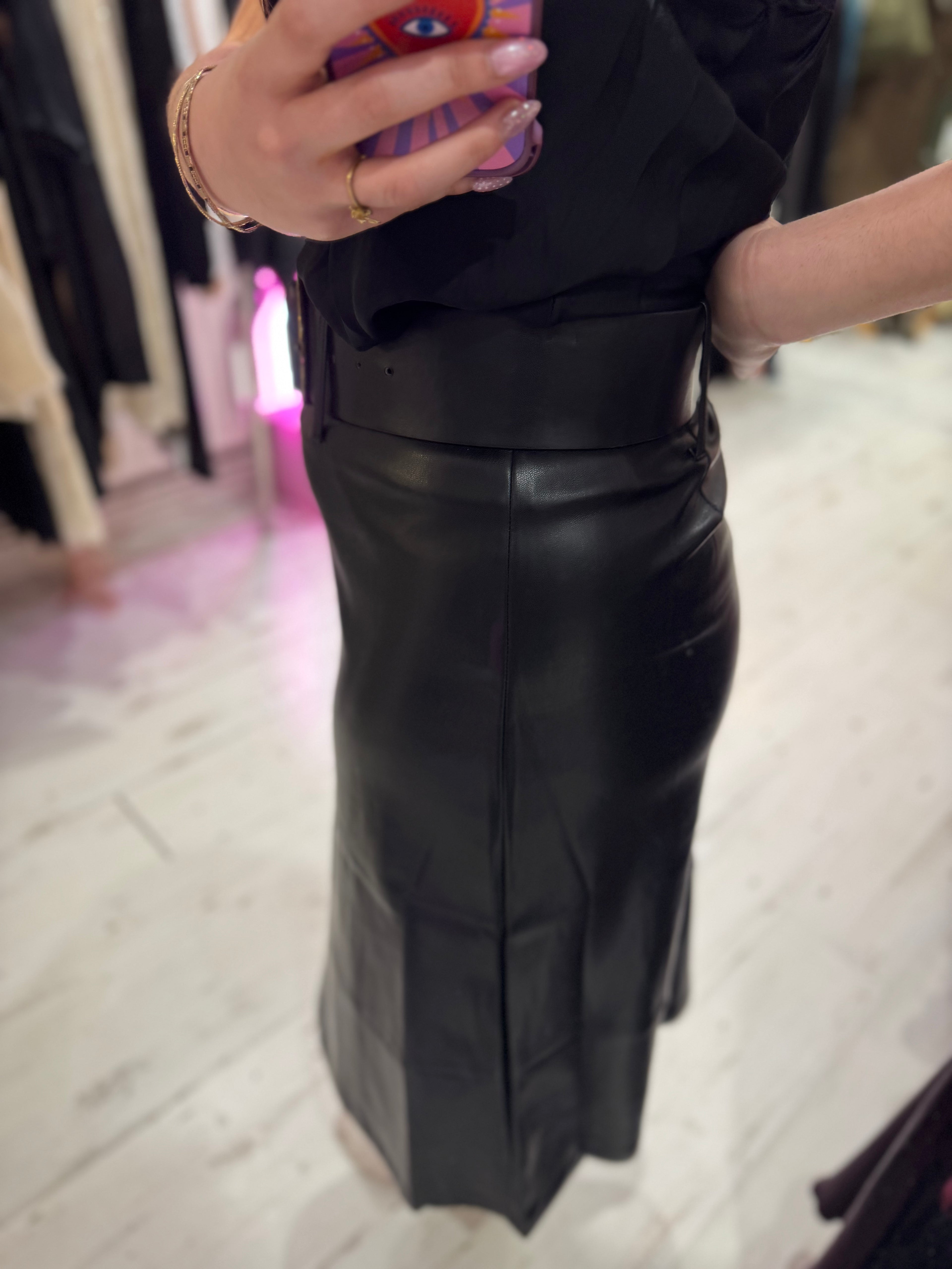 Faux Leather A-line Panel Skirt with Belt | Black