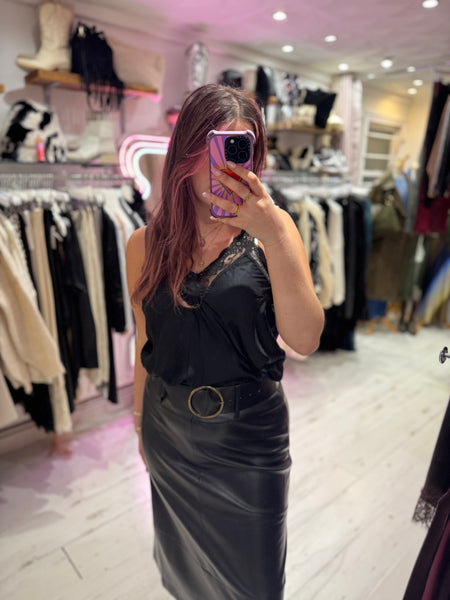 Faux Leather A-line Panel Skirt with Belt | Black