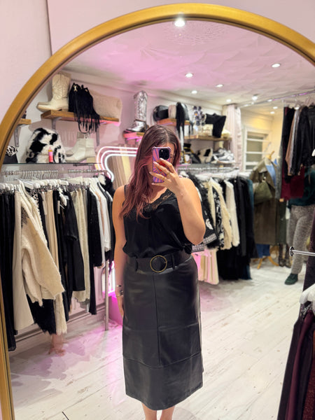 Faux Leather A-line Panel Skirt with Belt | Black