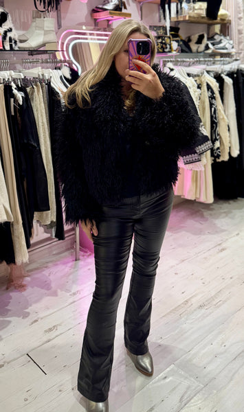 Mongolian Style Faux Fur Cropped Coat | Black