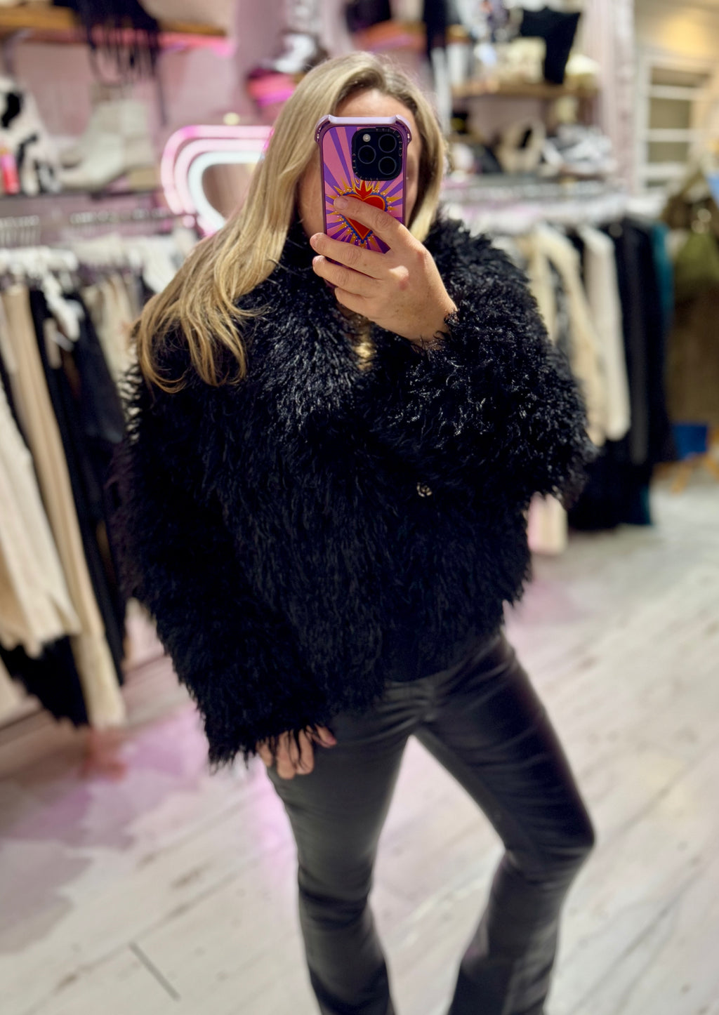 Mongolian Style Faux Fur Cropped Coat | Black