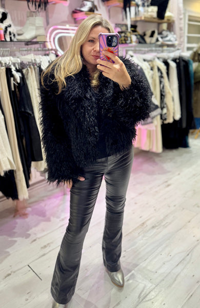 Mongolian Style Faux Fur Cropped Coat | Black