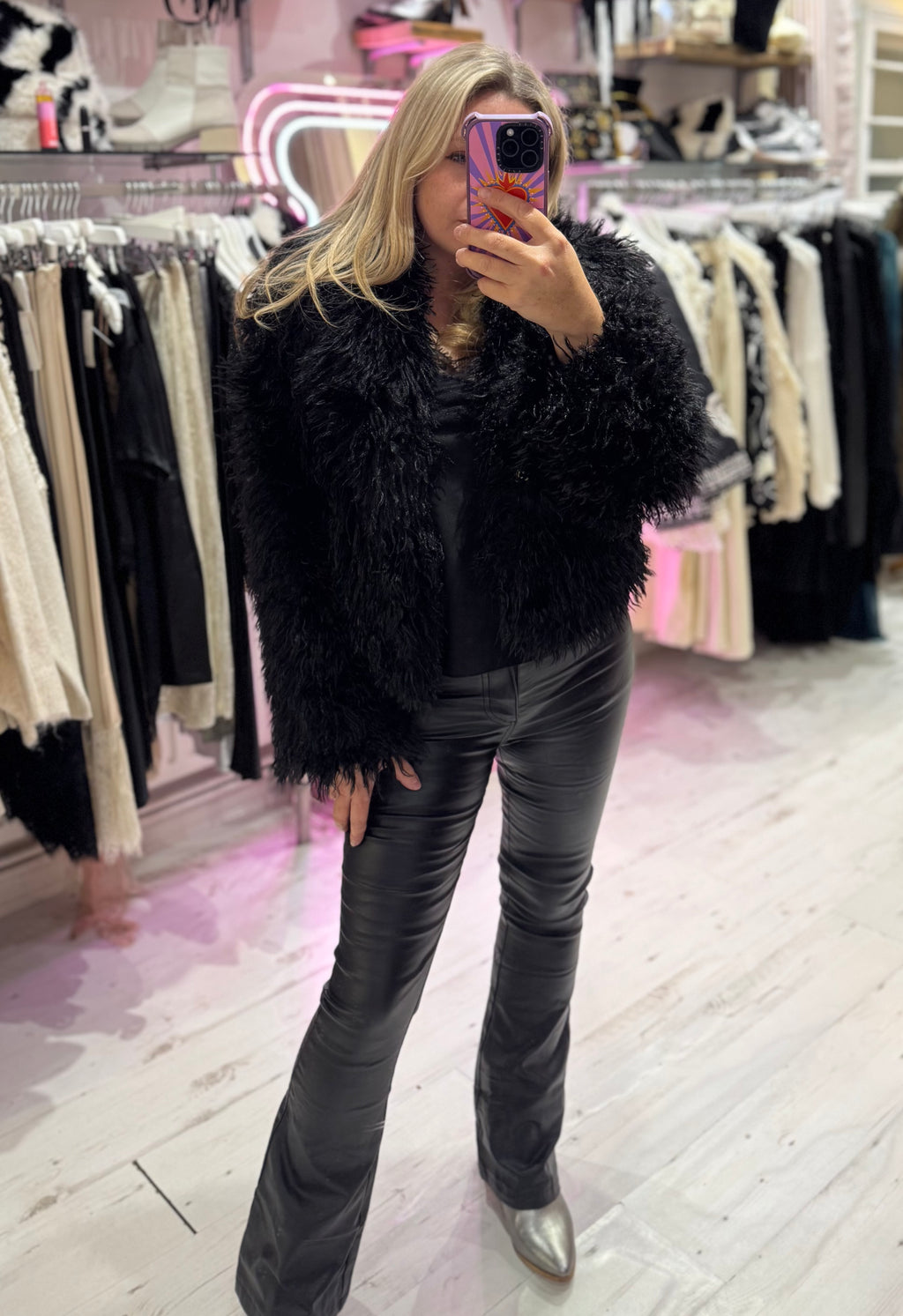 Mongolian Style Faux Fur Cropped Coat | Black