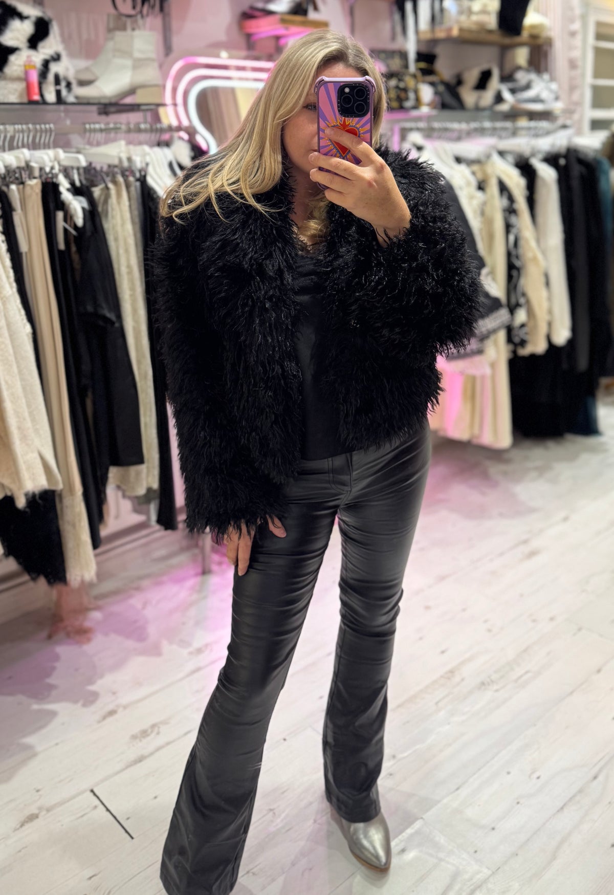 Mongolian Style Faux Fur Cropped Coat | Black