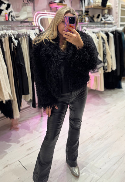 Mongolian Style Faux Fur Cropped Coat | Black