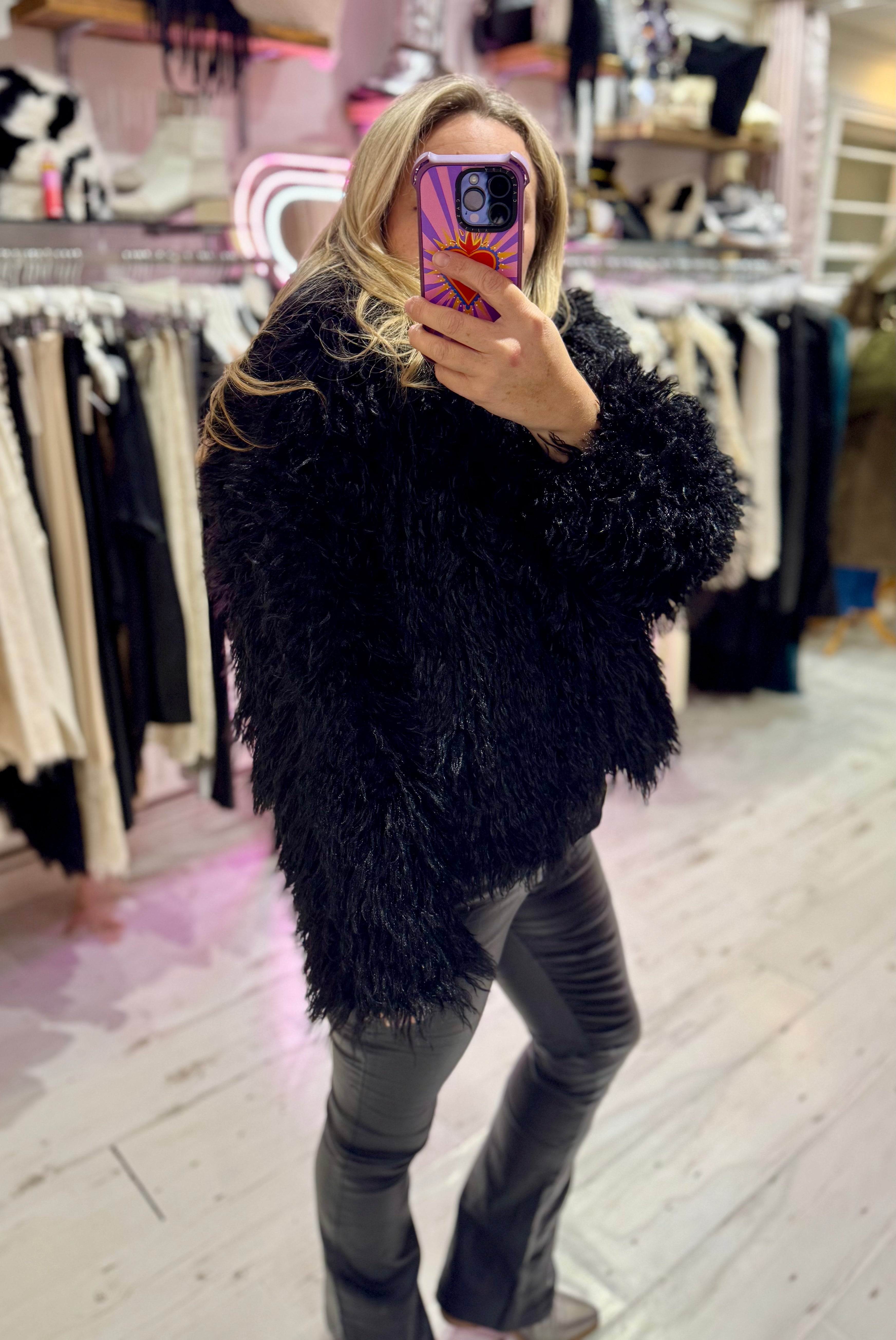 Mongolian Style Faux Fur Cropped Coat | Black