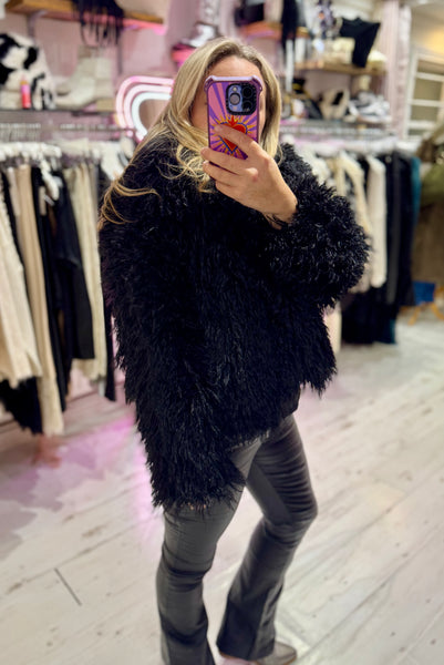 Mongolian Style Faux Fur Cropped Coat | Black