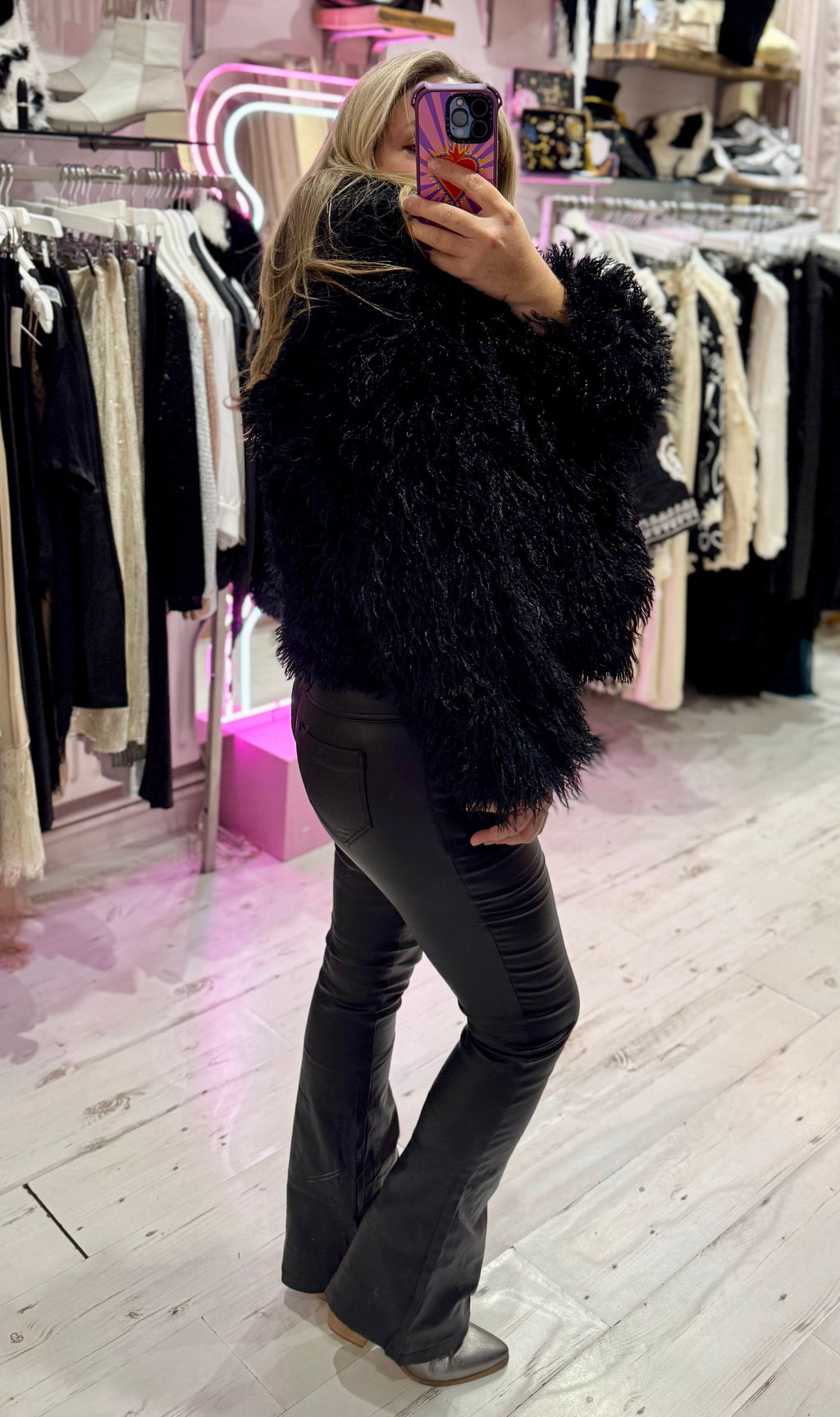 Mongolian Style Faux Fur Cropped Coat | Black