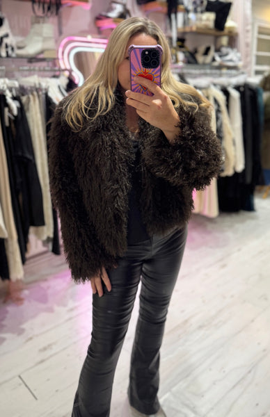 Mongolian Style Faux Fur Cropped Coat | Chocolate