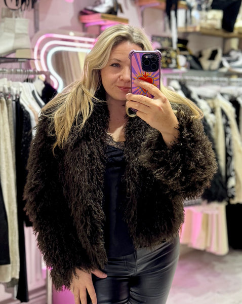 Mongolian Style Faux Fur Cropped Coat | Chocolate