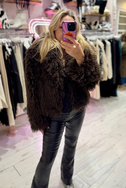 Mongolian Style Faux Fur Cropped Coat | Chocolate