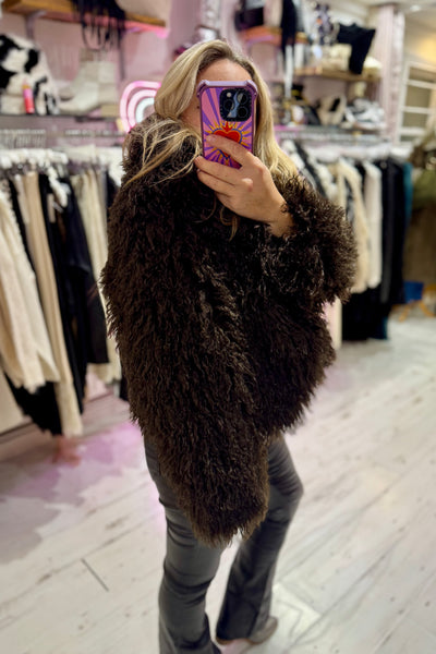 Mongolian Style Faux Fur Cropped Coat | Chocolate