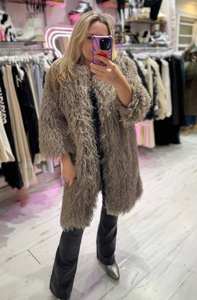 Mongolian Style Faux Fur Long Smart Coat | Taupe