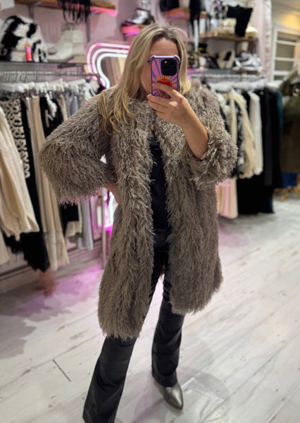 Mongolian Style Faux Fur Long Smart Coat | Taupe