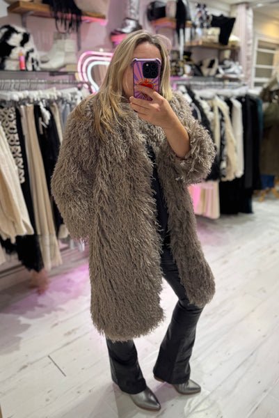 Mongolian Style Faux Fur Long Smart Coat | Taupe