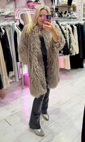 Mongolian Style Faux Fur Long Smart Coat | Taupe