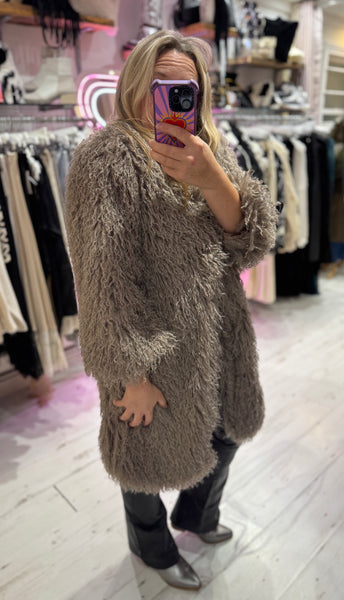 Mongolian Style Faux Fur Long Smart Coat | Taupe
