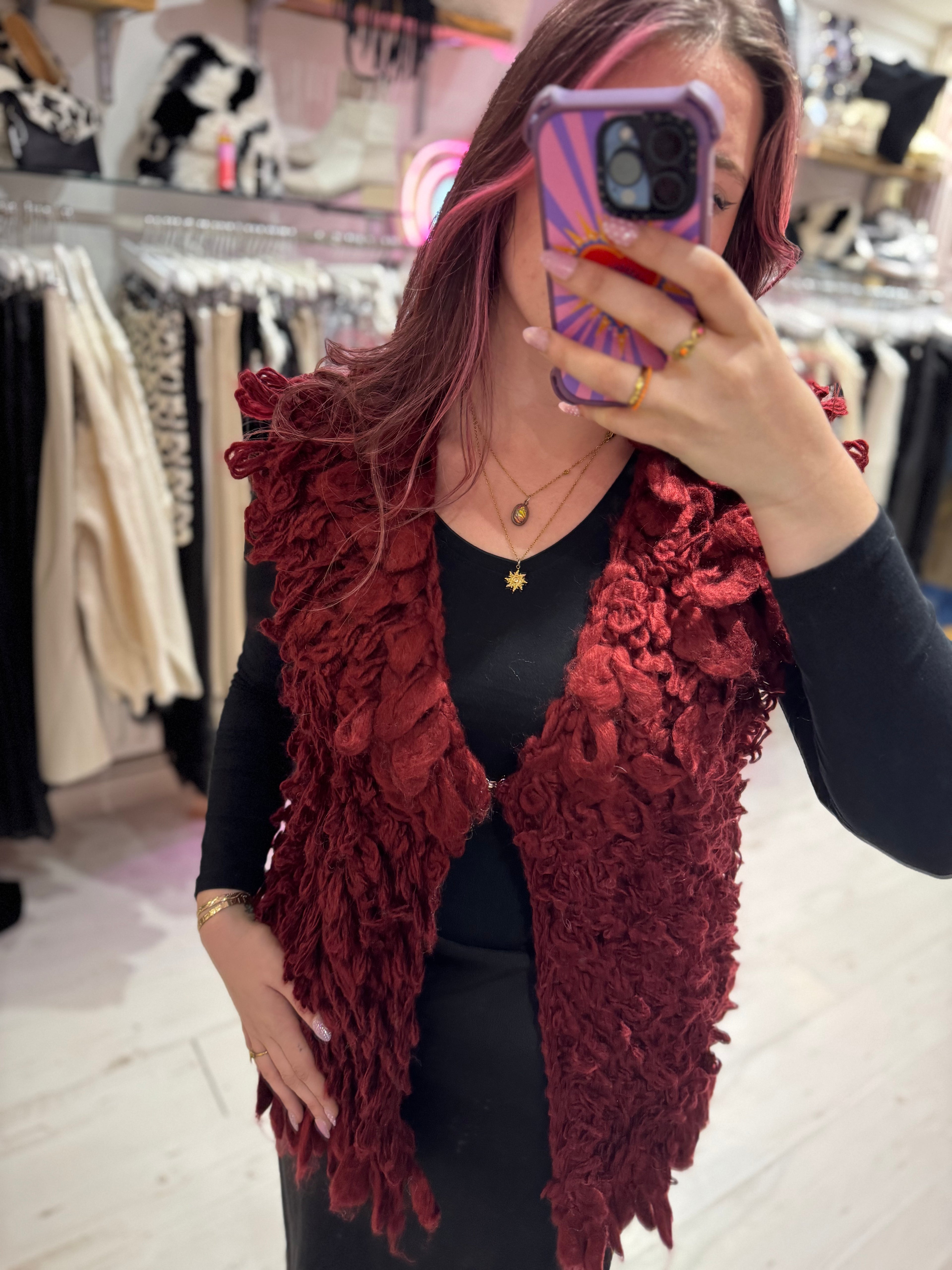 Looped Textured Knit Waistcoat | Wine