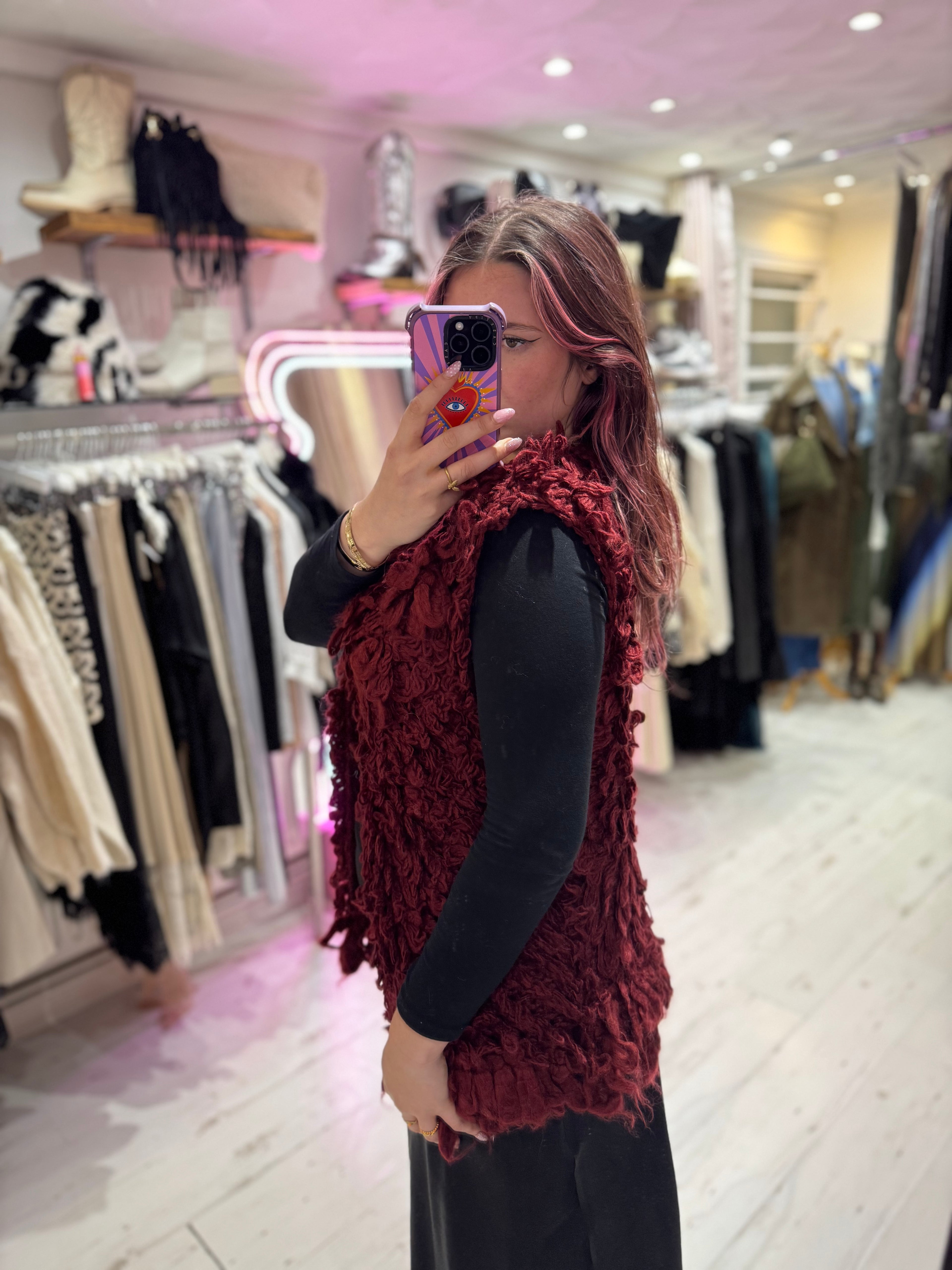 Looped Textured Knit Waistcoat | Wine