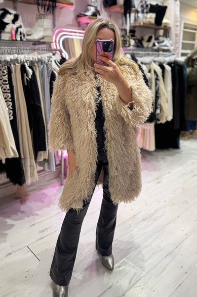 Mongolian Style Faux Fur Long Smart Coat | Cream