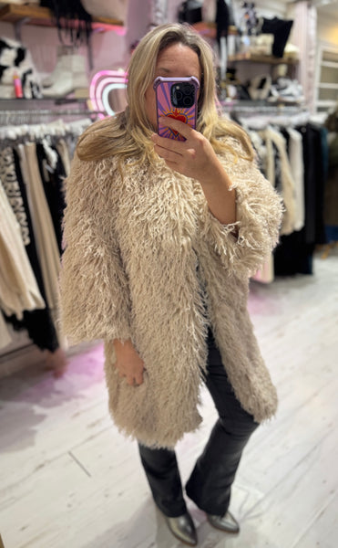 Mongolian Style Faux Fur Long Smart Coat | Cream