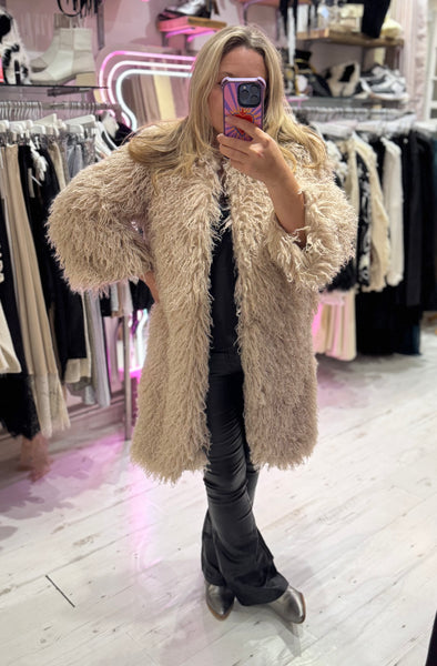 Mongolian Style Faux Fur Long Smart Coat | Cream