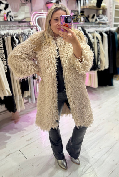 Mongolian Style Faux Fur Long Smart Coat | Cream