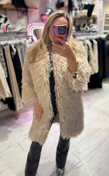 Mongolian Style Faux Fur Long Smart Coat | Cream
