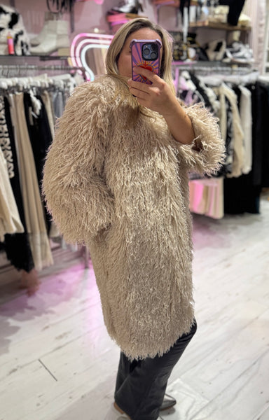 Mongolian Style Faux Fur Long Smart Coat | Cream