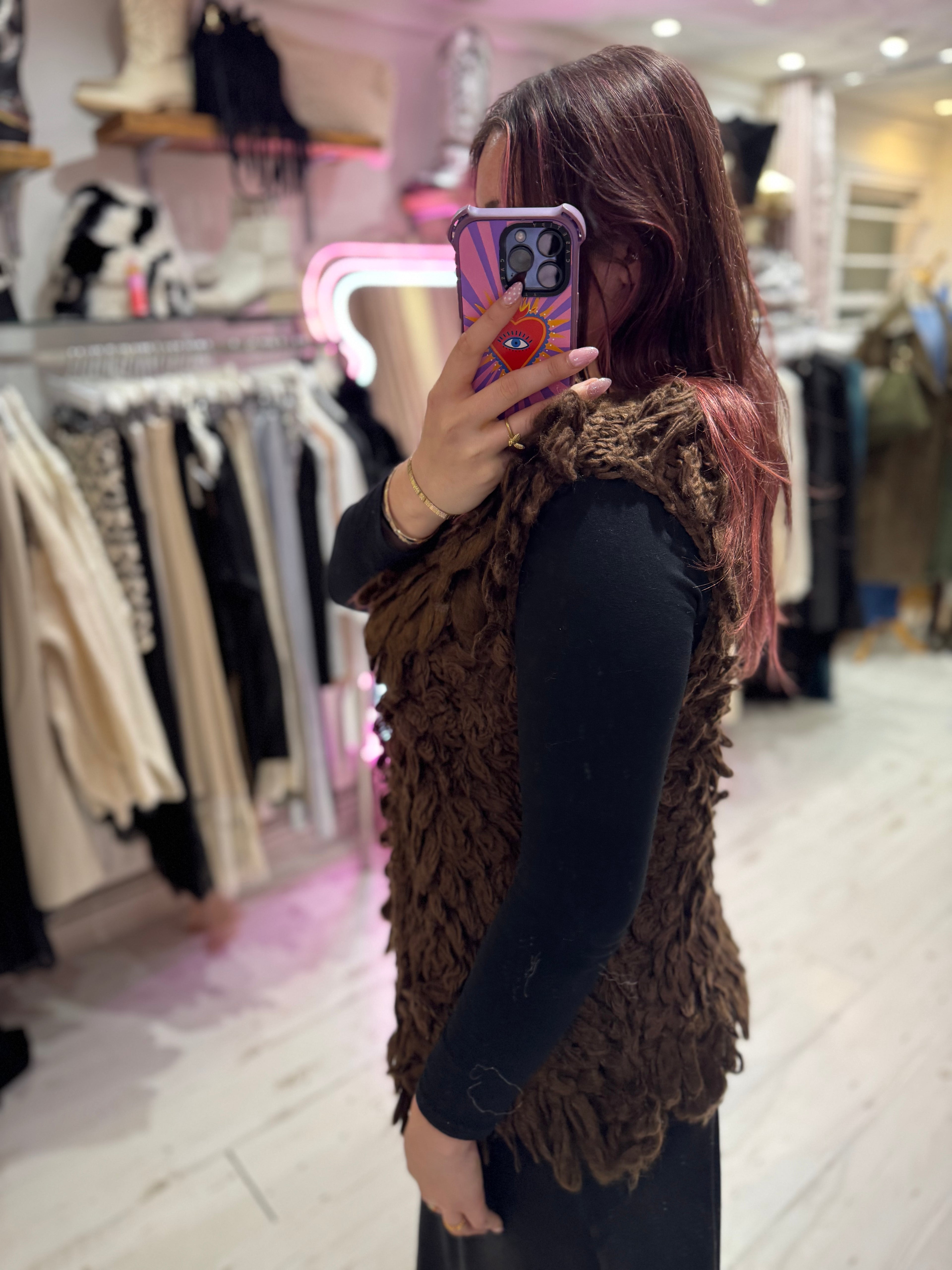 Looped Textured Knit Waistcoat | Chocolate Brown