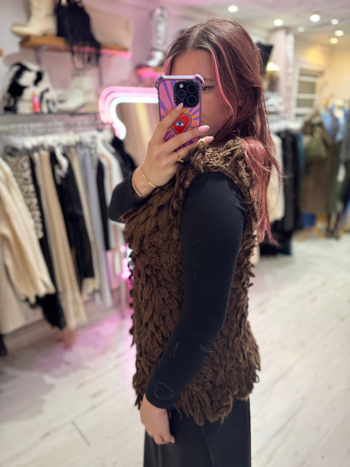 Looped Textured Knit Waistcoat | Chocolate Brown