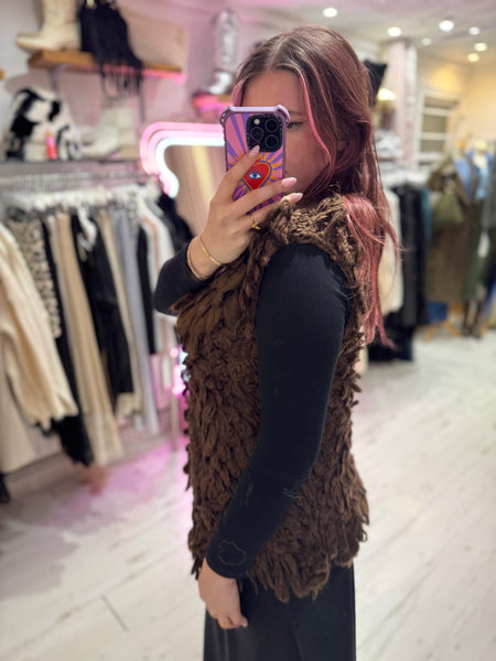 Looped Textured Knit Waistcoat | Chocolate Brown