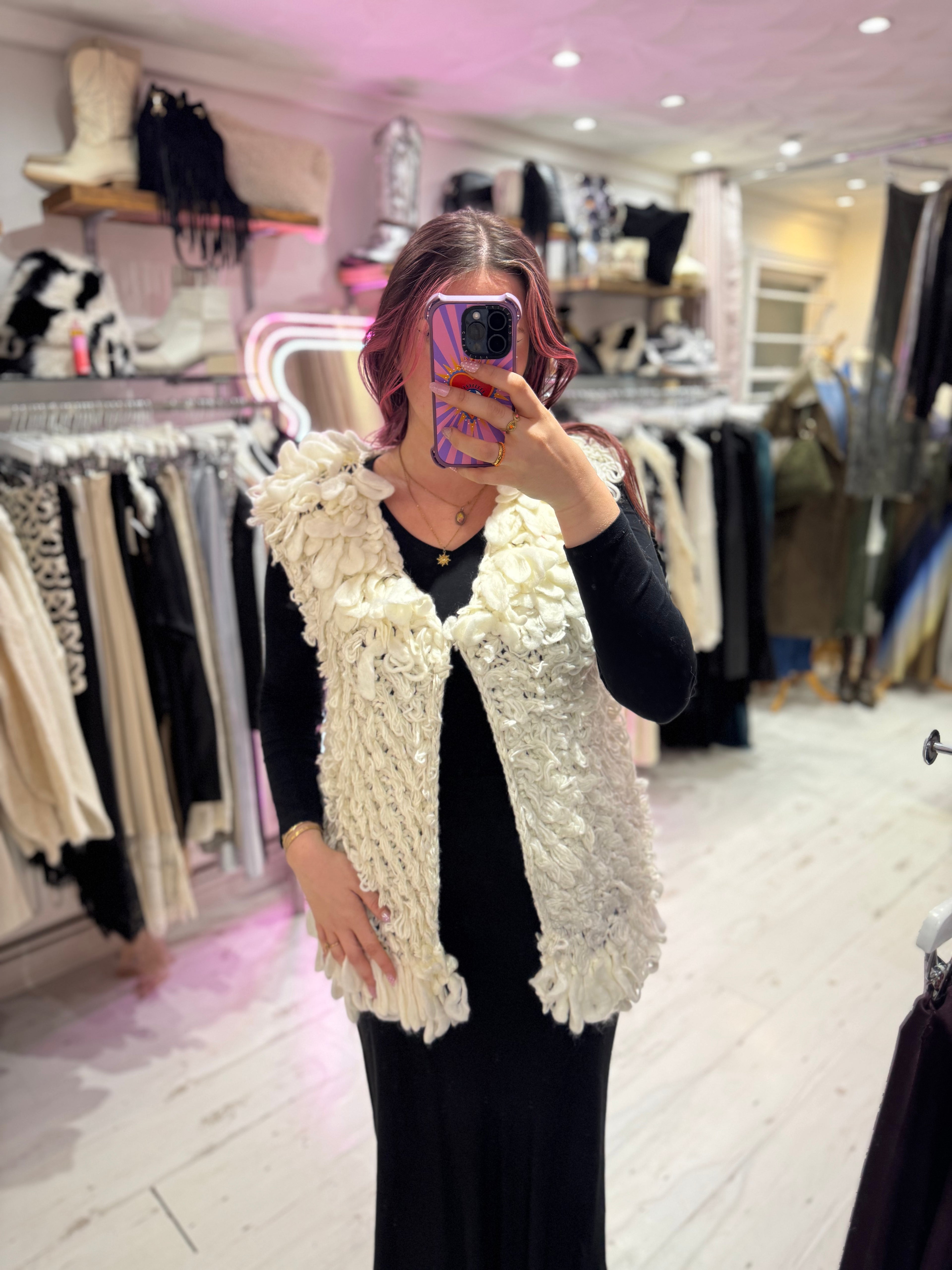 Looped Textured Knit Waistcoat | Cream