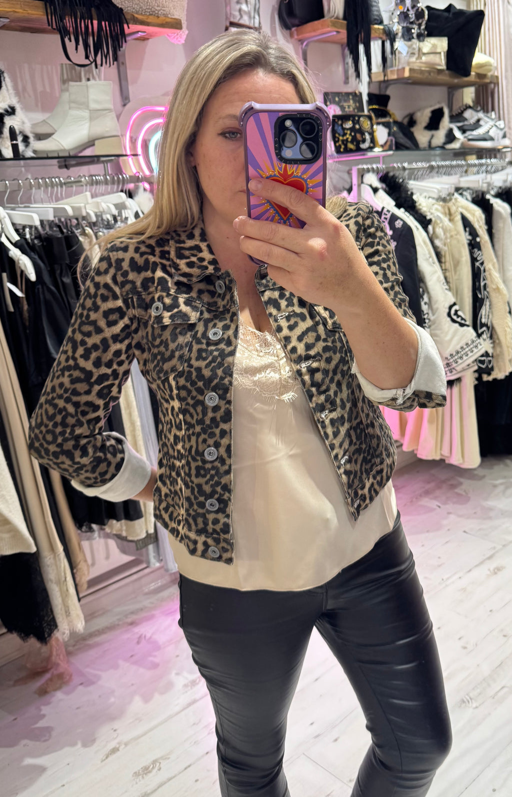 Leopard Print Denim Fitted Stretch Jacket | Brown Leopard