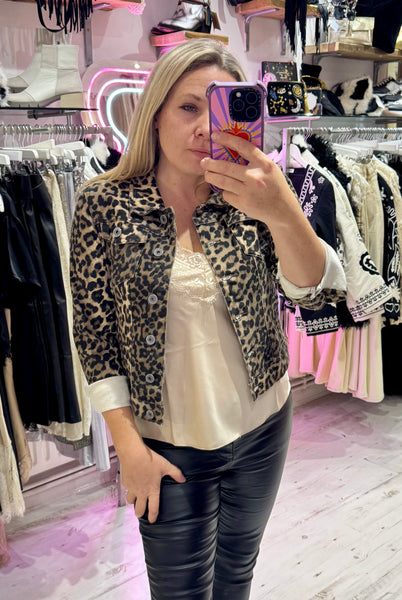 Leopard Print Denim Fitted Stretch Jacket | Brown Leopard
