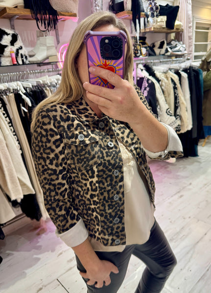 Leopard Print Denim Fitted Stretch Jacket | Brown Leopard