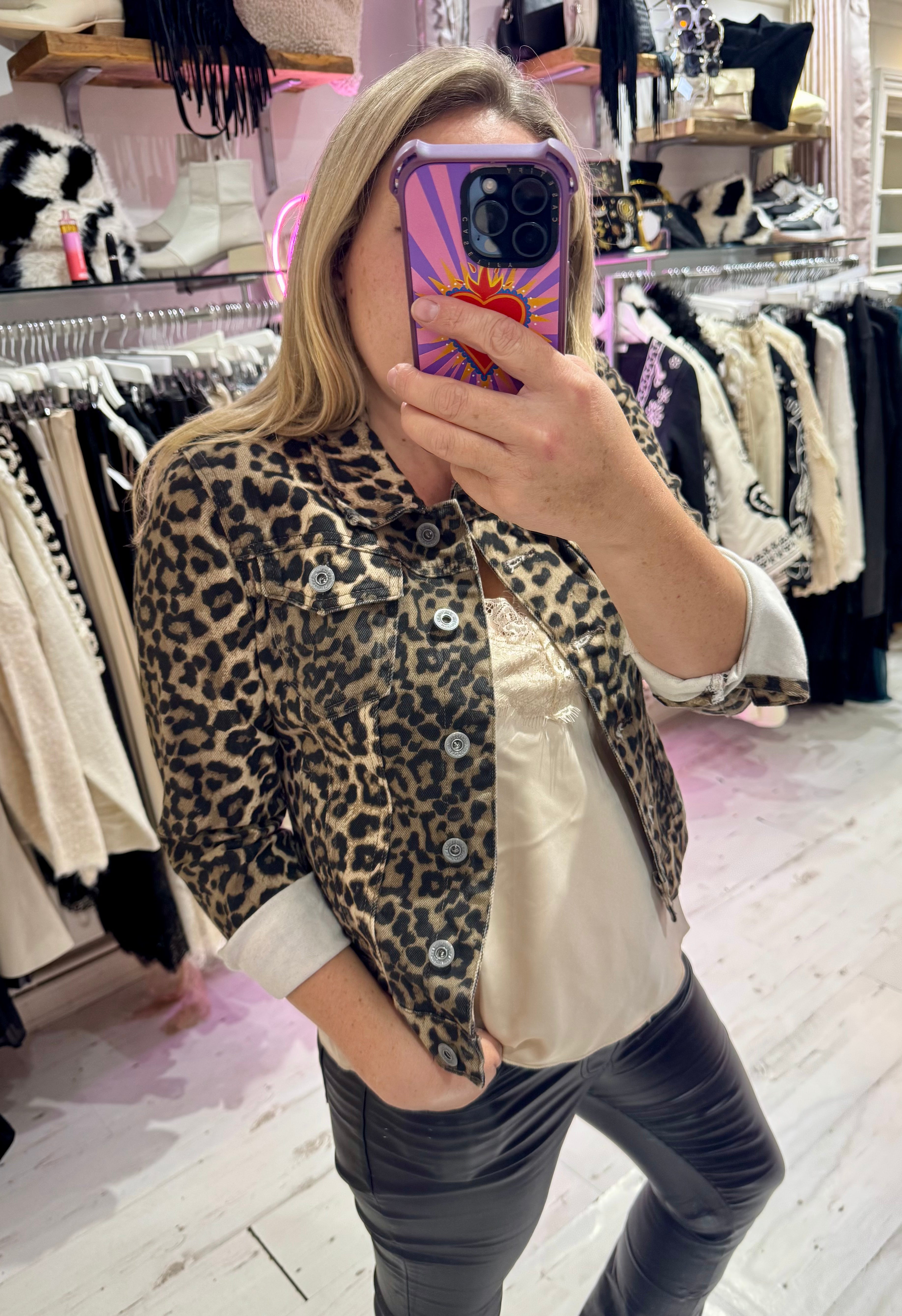 Leopard Print Denim Fitted Stretch Jacket | Brown Leopard
