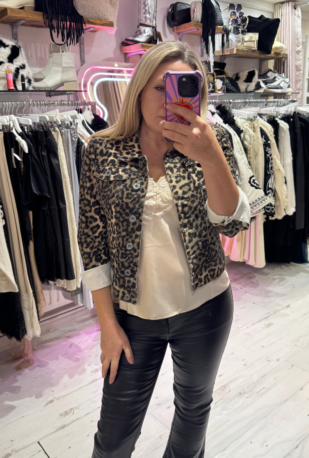Leopard Print Denim Fitted Stretch Jacket | Brown Leopard